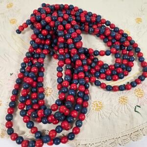 Lot of 2 Red Blue Wooden Bead Garland Strands 120" Holiday Tree Decor